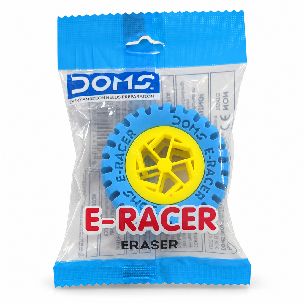DOMS E-Racer Eraser — Blue and Yellow — AI-cleaned product photograph