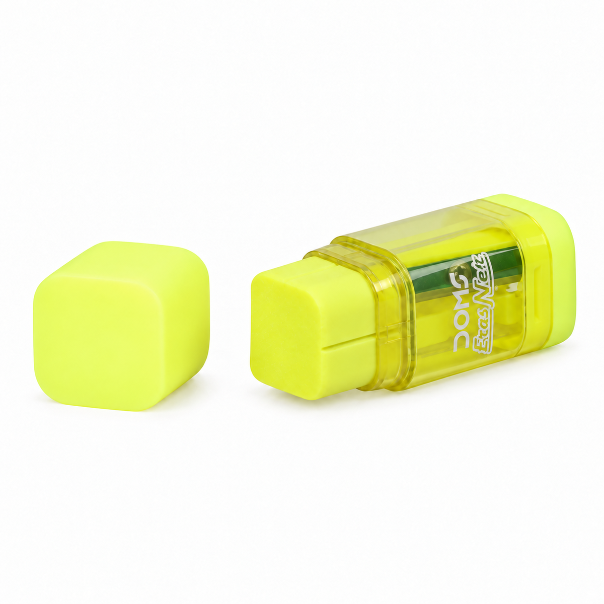 DOMS Neon Erasner eraser-sharpener, Fluorescent Yellow, one piece, shown with its removable cap beside it; AI-enhanced product image