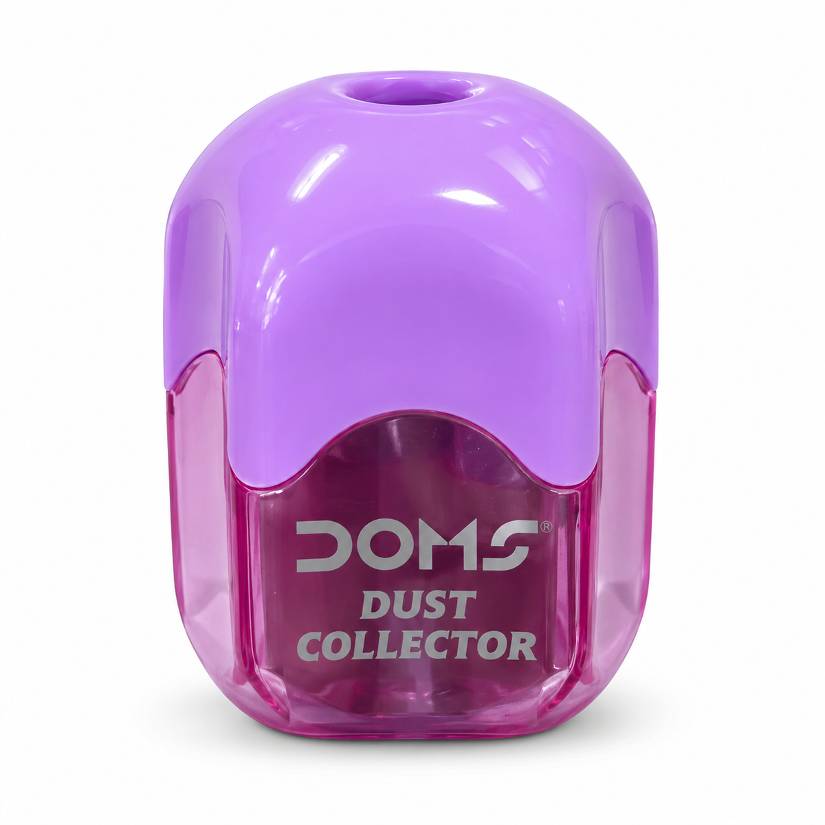 DOMS Dust Collector sharpener — purple/lavender lid with its actual transparent purple/plum-tinted collector, one unboxed unit