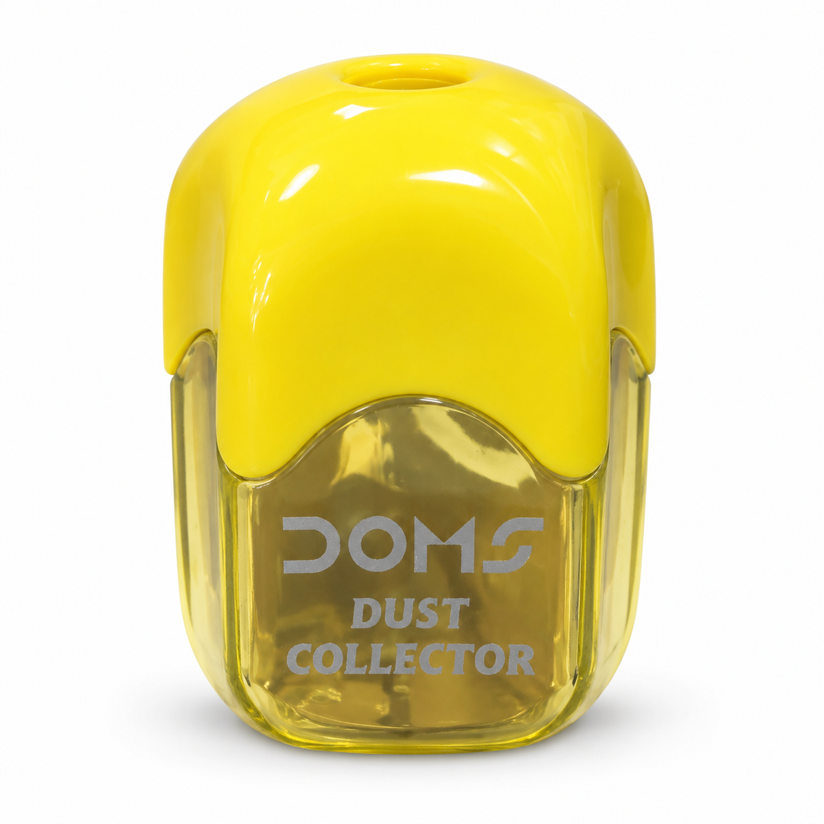 DOMS Dust Collector sharpener — yellow lid with its actual transparent yellow-tinted collector, one unboxed unit