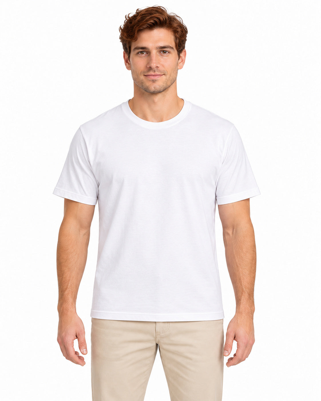 White unisex round-neck T-shirt — men model, front view