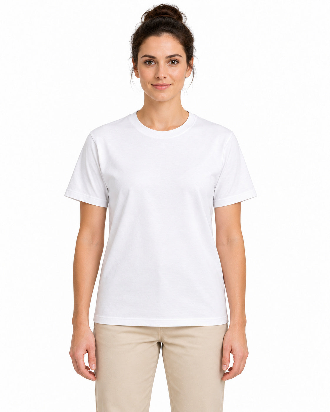 White unisex round-neck T-shirt — women model, front view