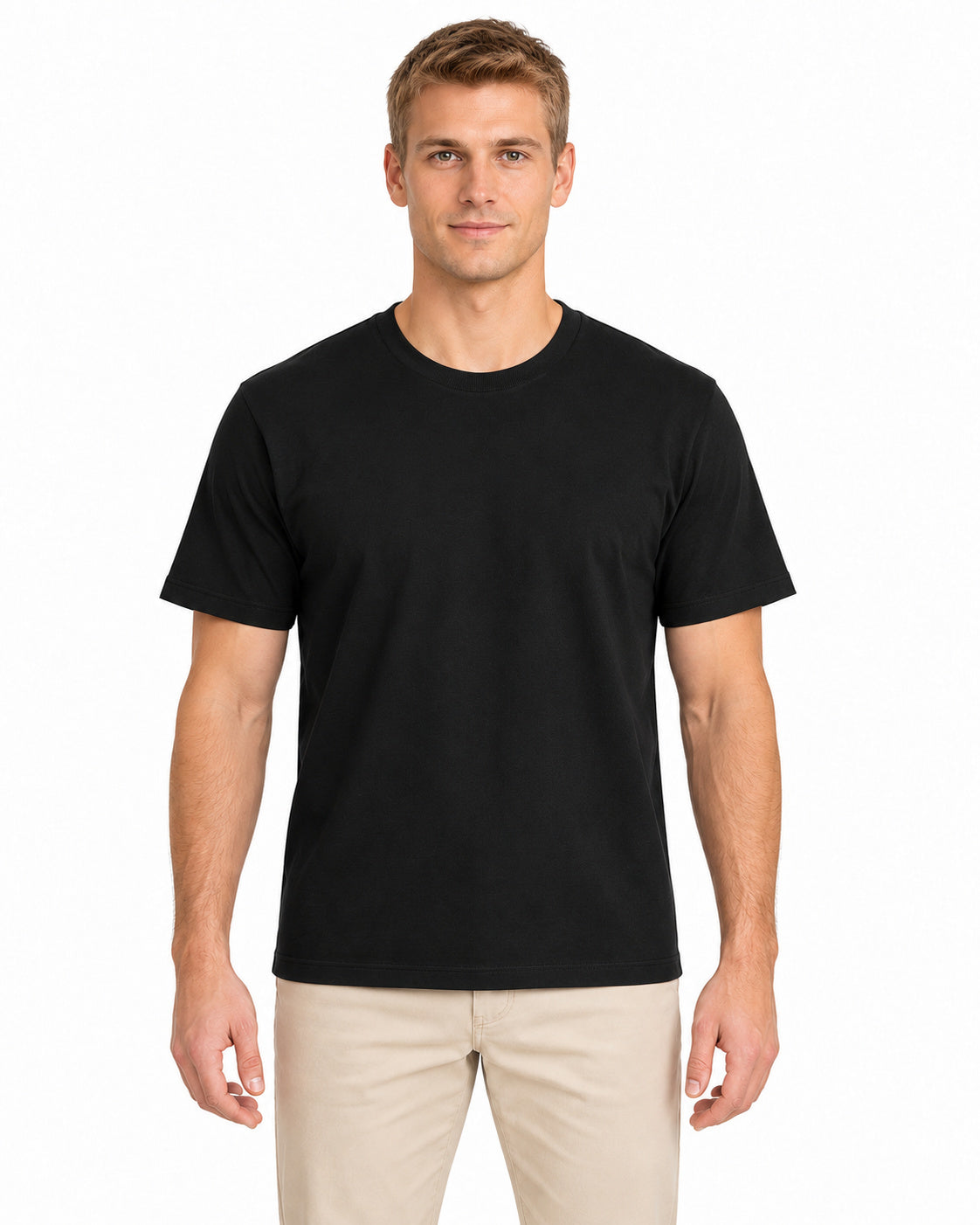 Black unisex round-neck T-shirt — men model, front view