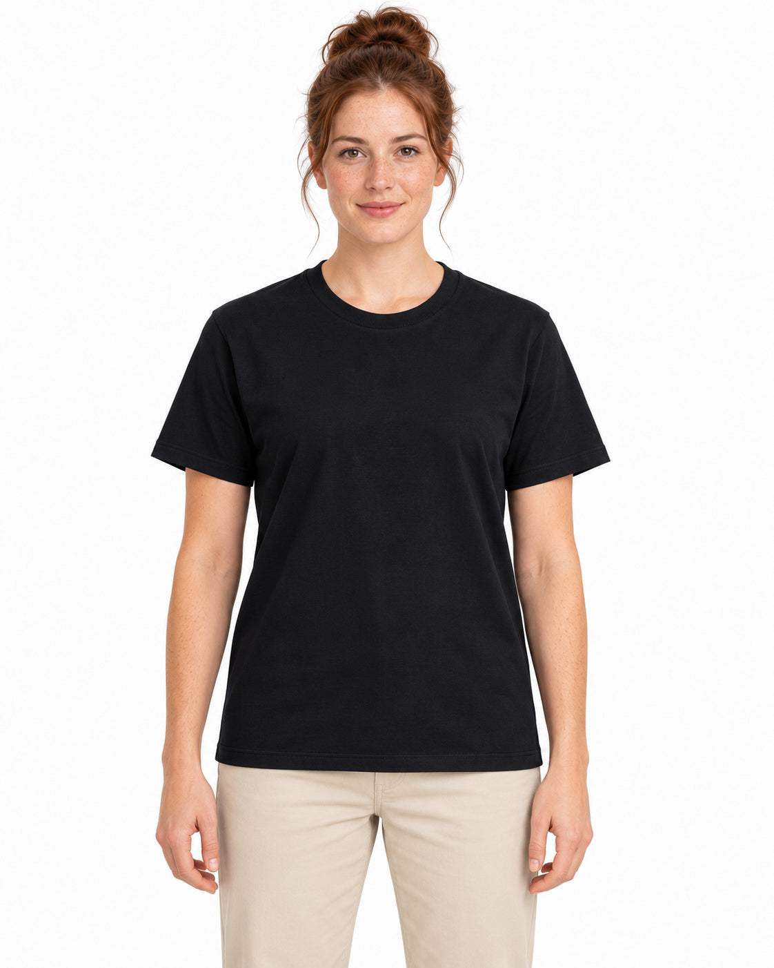Black unisex round-neck T-shirt — women model, front view