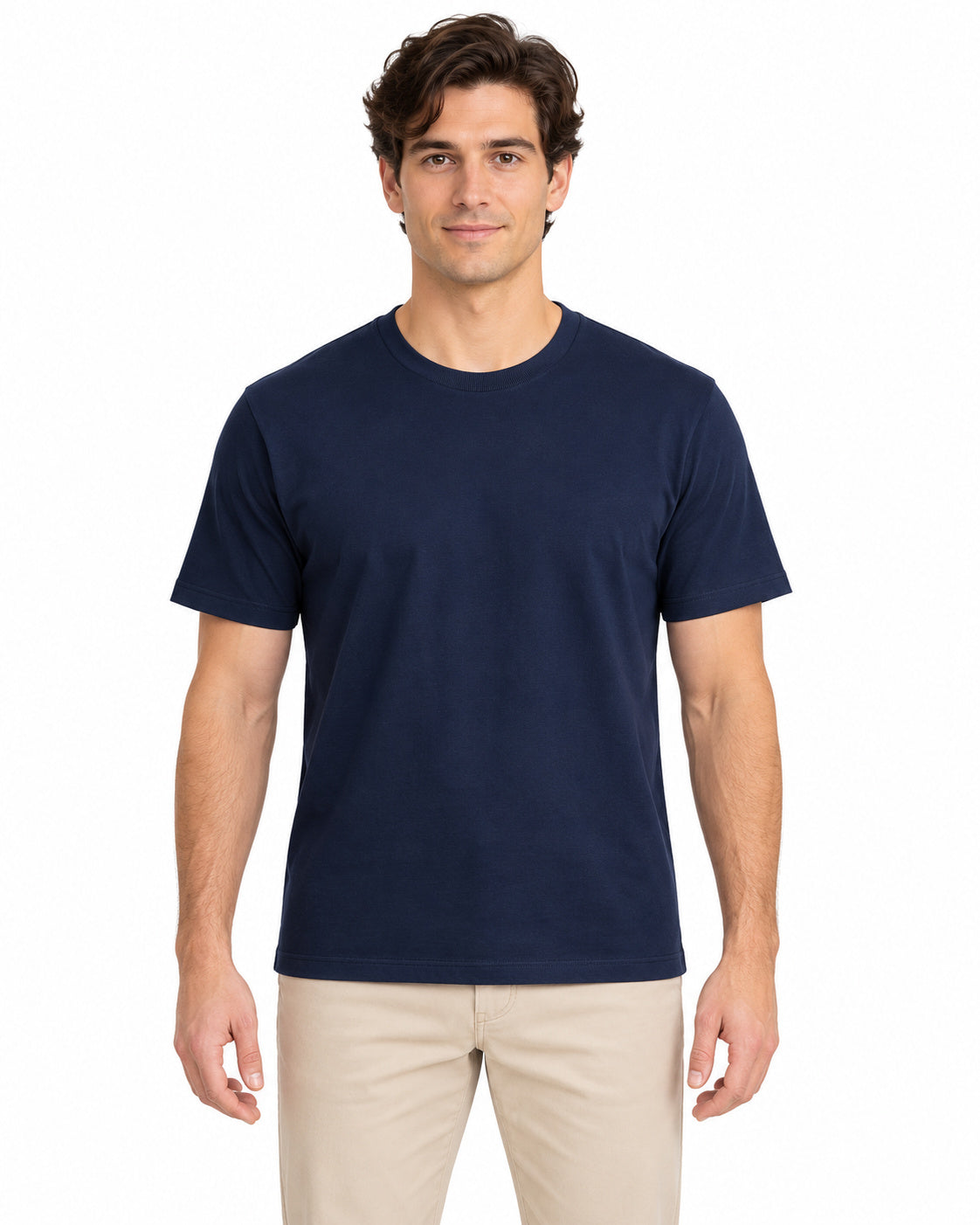 Navy unisex round-neck T-shirt — men model, front view