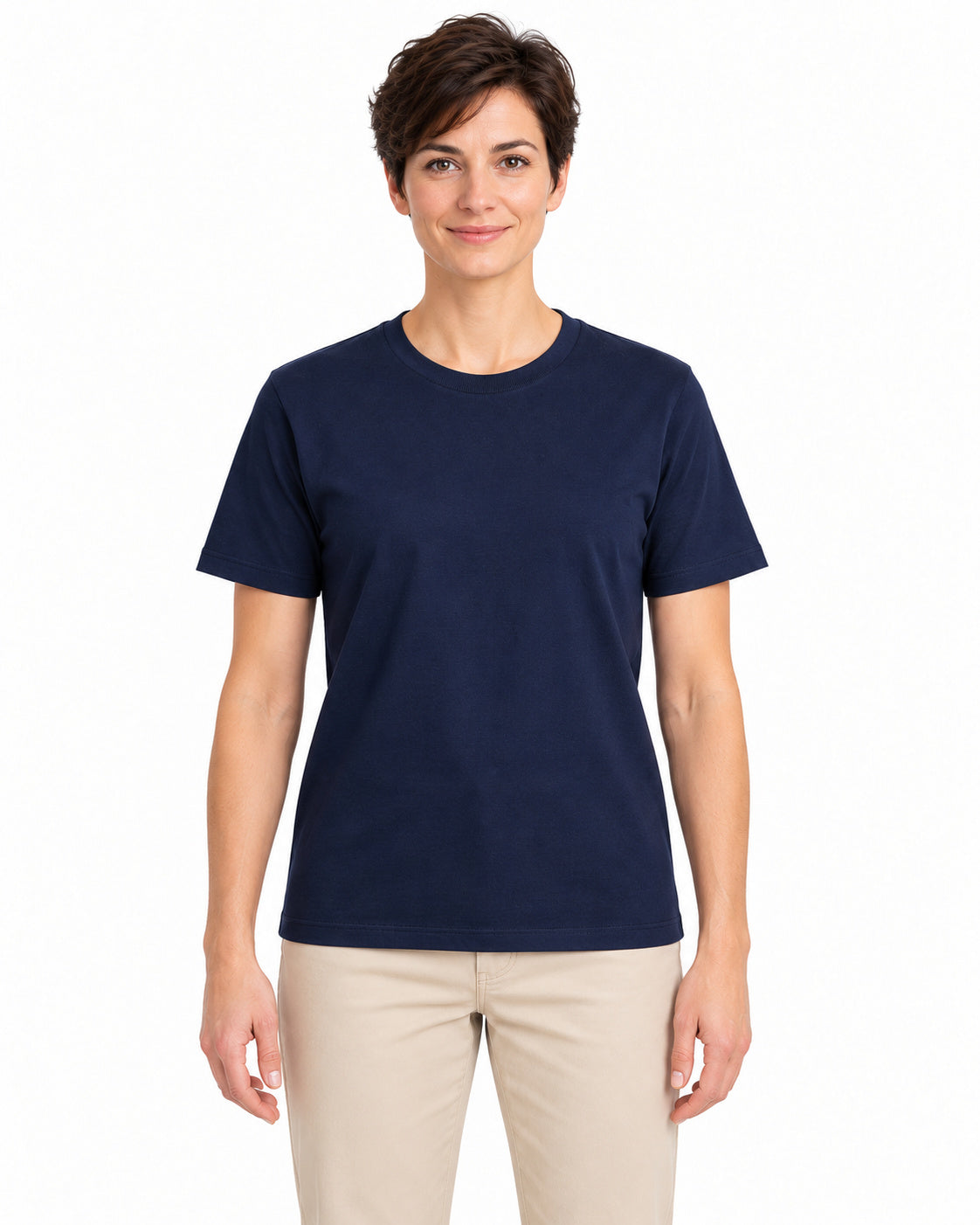 Navy unisex round-neck T-shirt — women model, front view