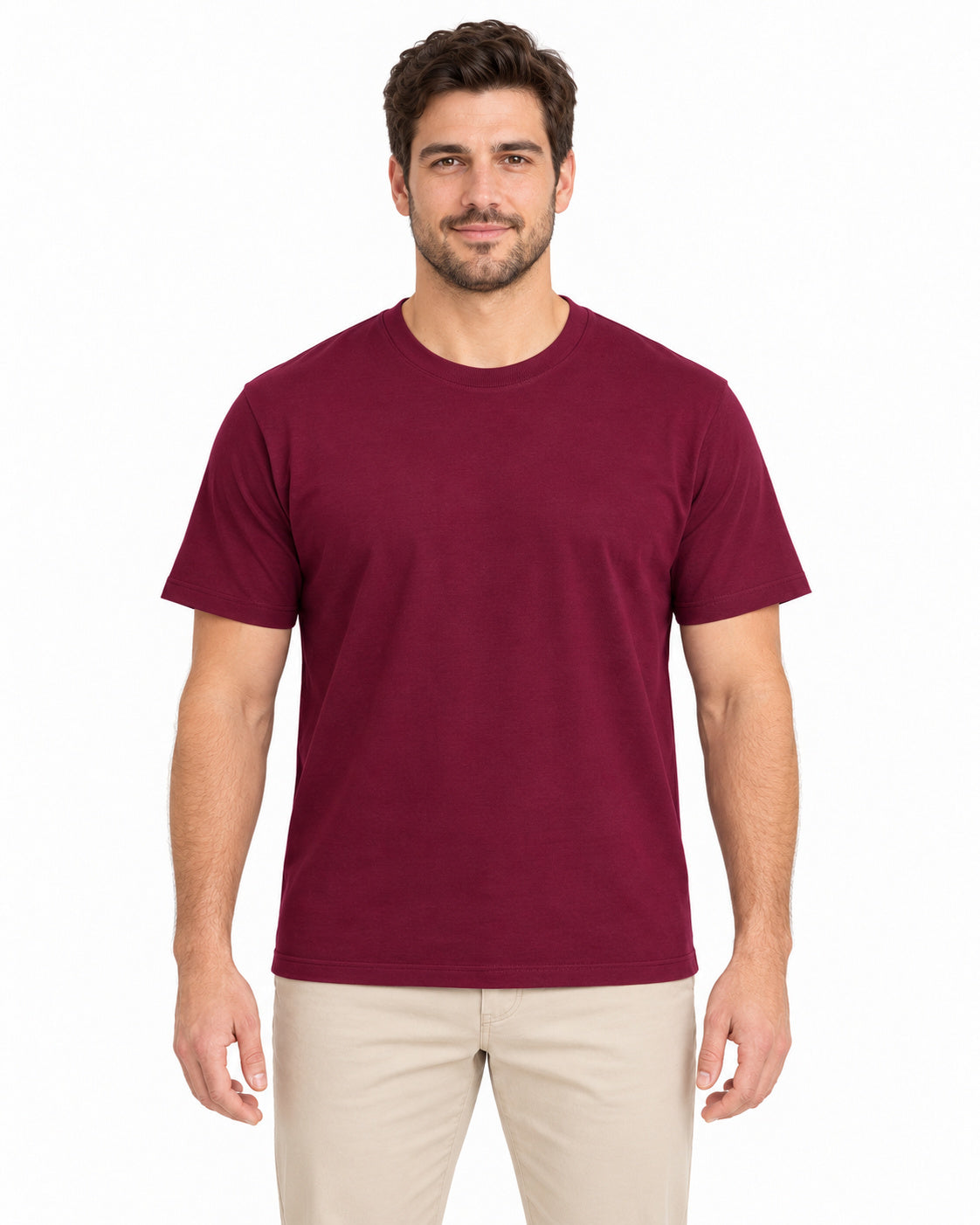 Maroon unisex round-neck T-shirt — men model, front view