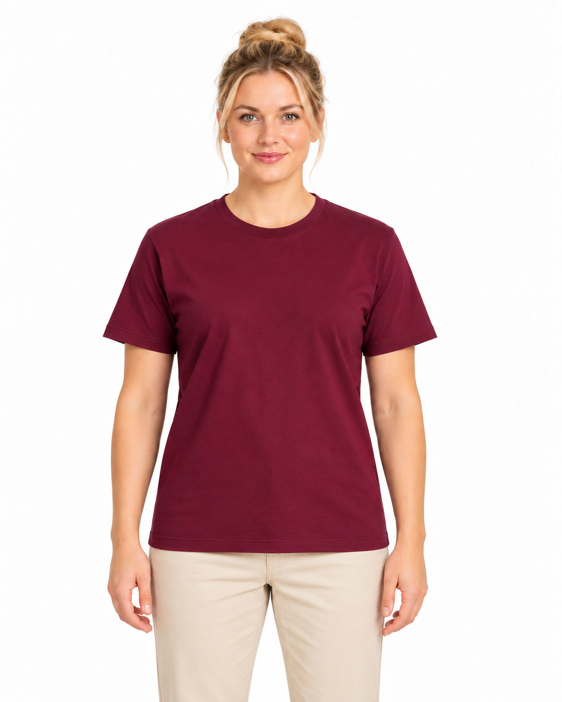 Maroon unisex round-neck T-shirt — women model, front view