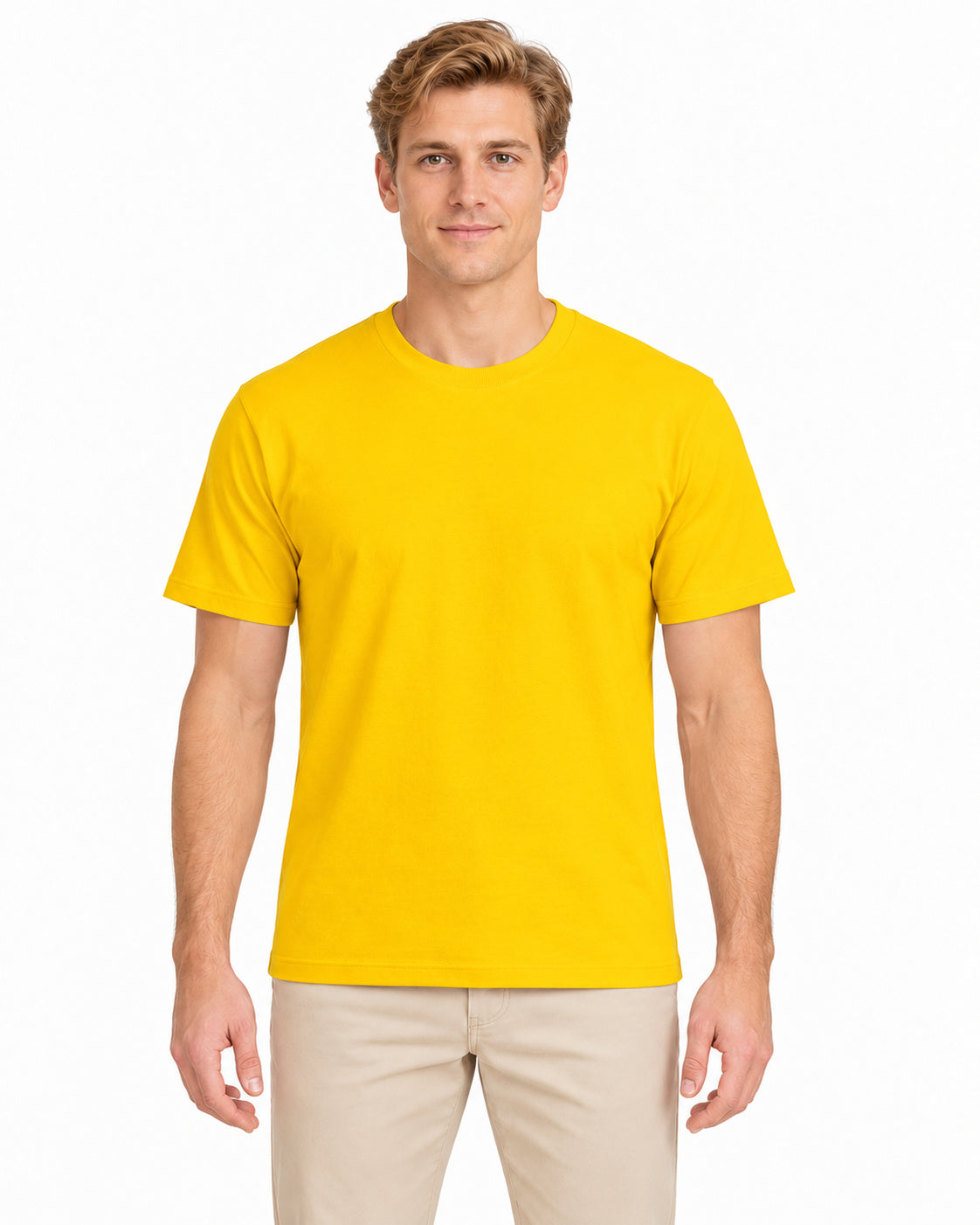 Yellow unisex round-neck T-shirt — men model, front view