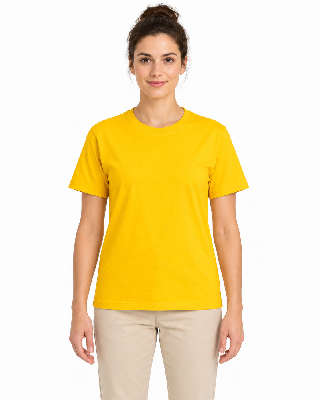 Yellow unisex round-neck T-shirt — women model, front view