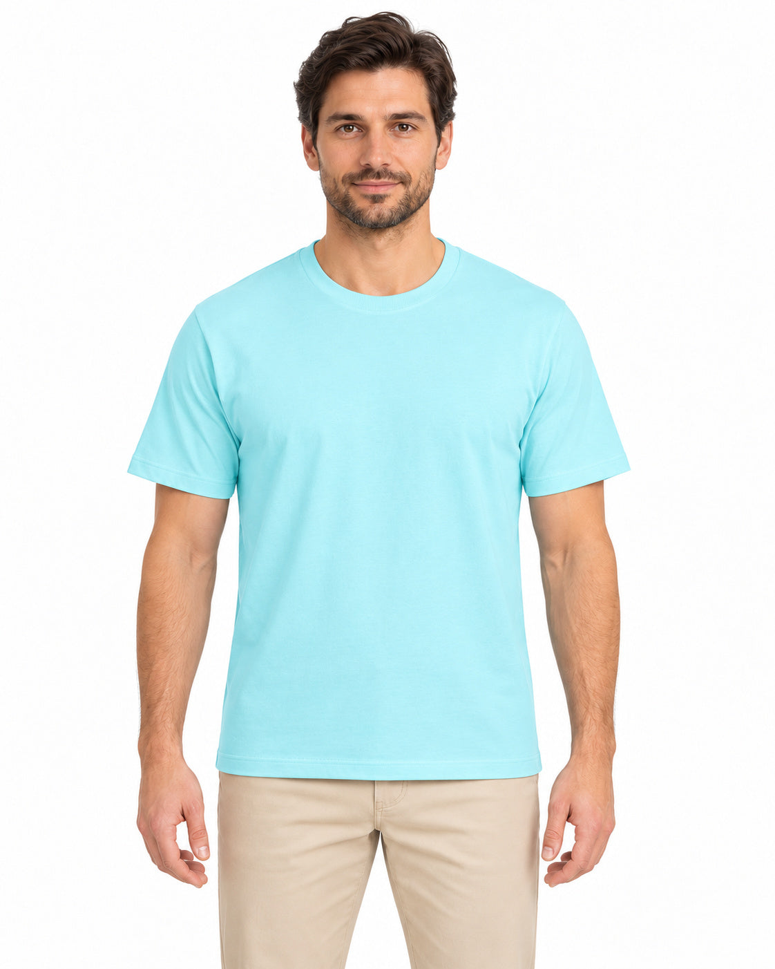 Light Blue unisex round-neck T-shirt — men model, front view