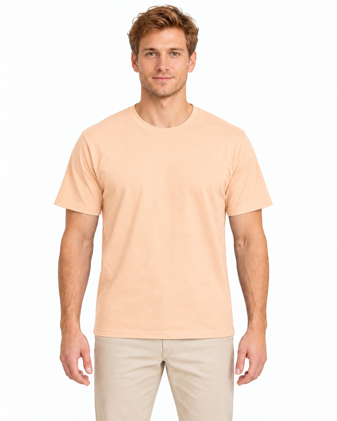 Peach unisex round-neck T-shirt — men model, front view