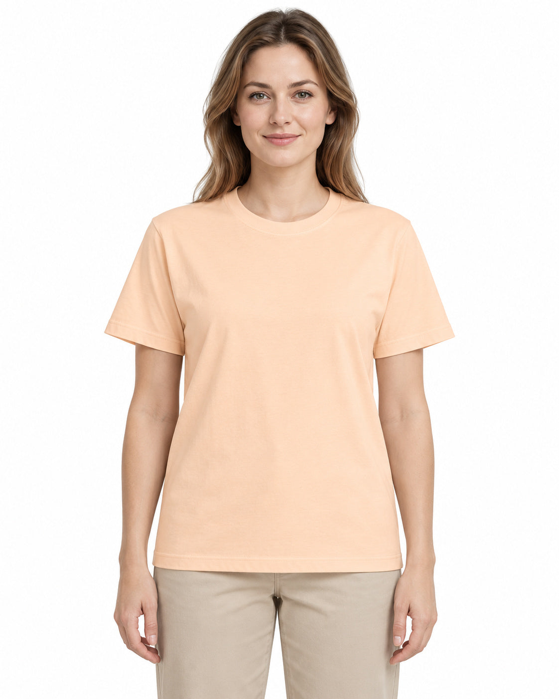 Peach unisex round-neck T-shirt — women model, front view