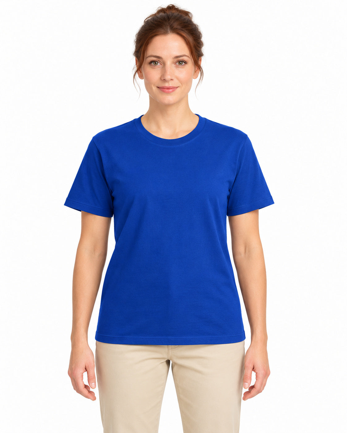 Royal Blue unisex round-neck T-shirt — women model, front view