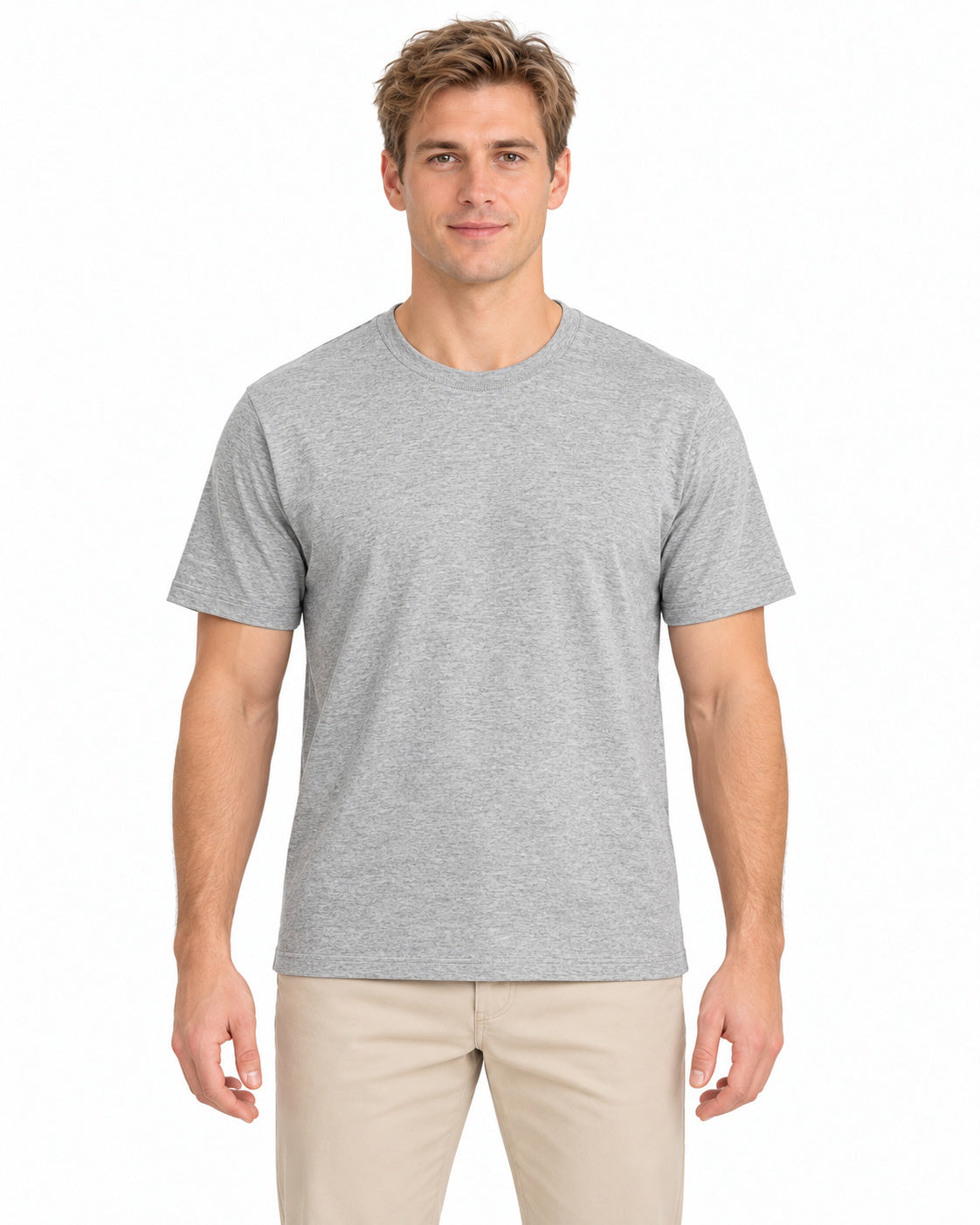 Light Grey Melange unisex round-neck T-shirt — men model, front view