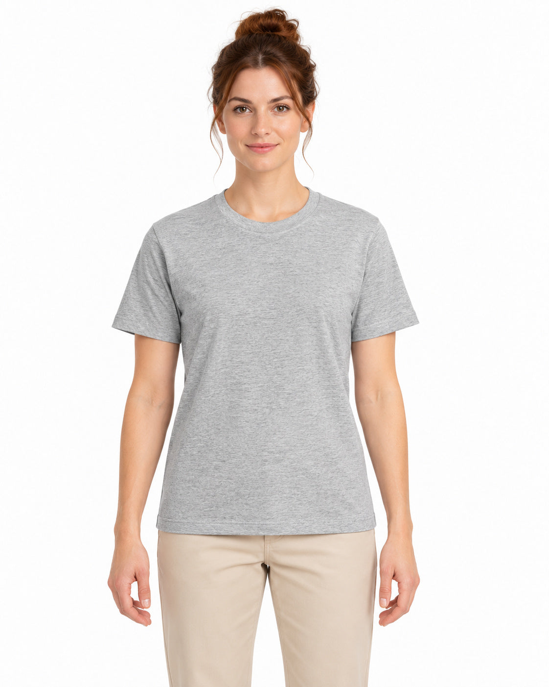 Light Grey Melange unisex round-neck T-shirt — women model, front view