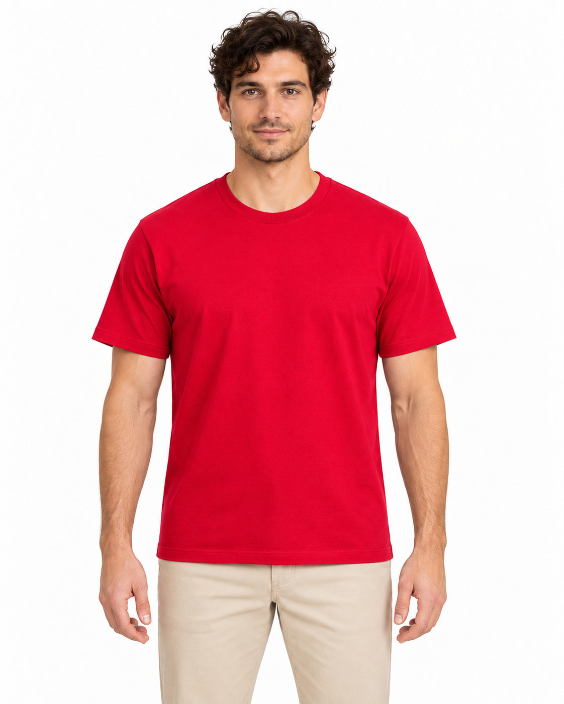 Red unisex round-neck T-shirt — men model, front view