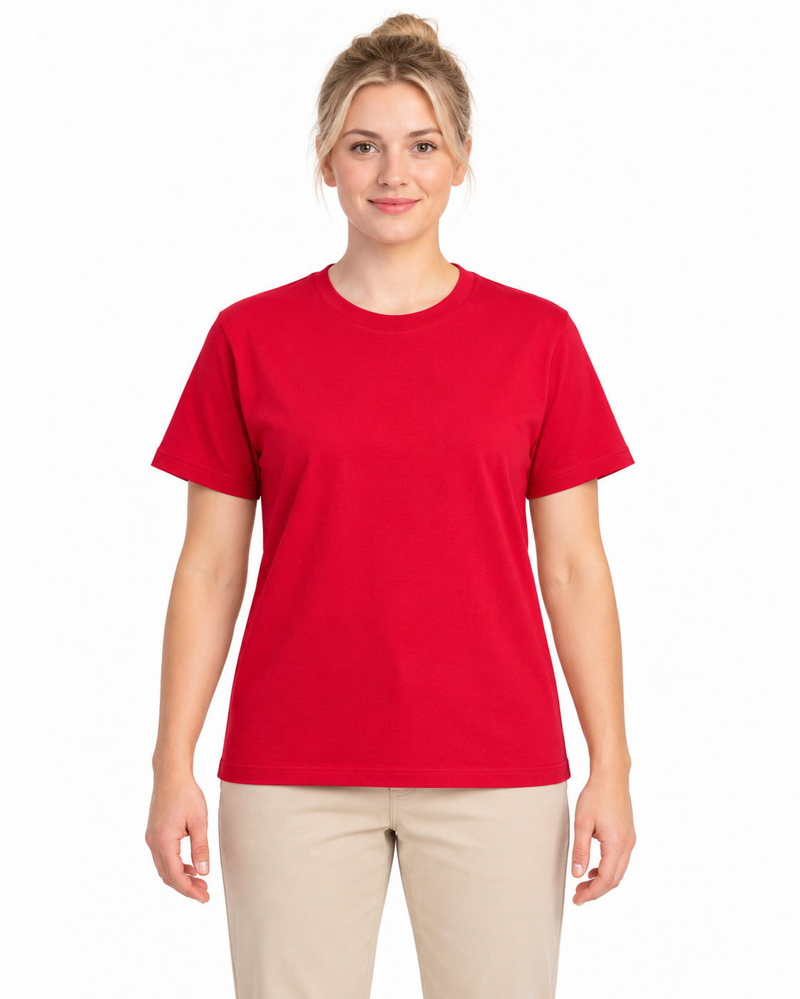 Red unisex round-neck T-shirt — women model, front view