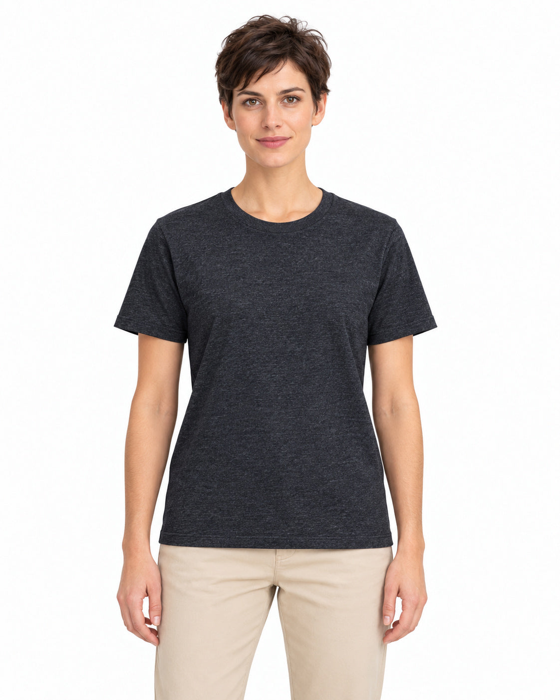 Charcoal Melange unisex round-neck T-shirt — women model, front view