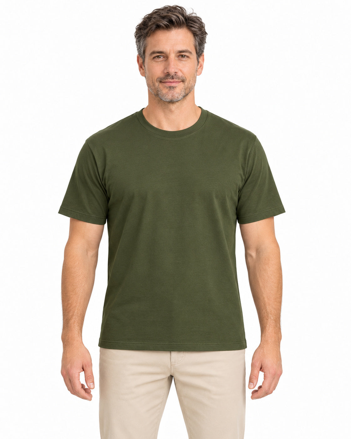 Olive unisex round-neck T-shirt — men model, front view