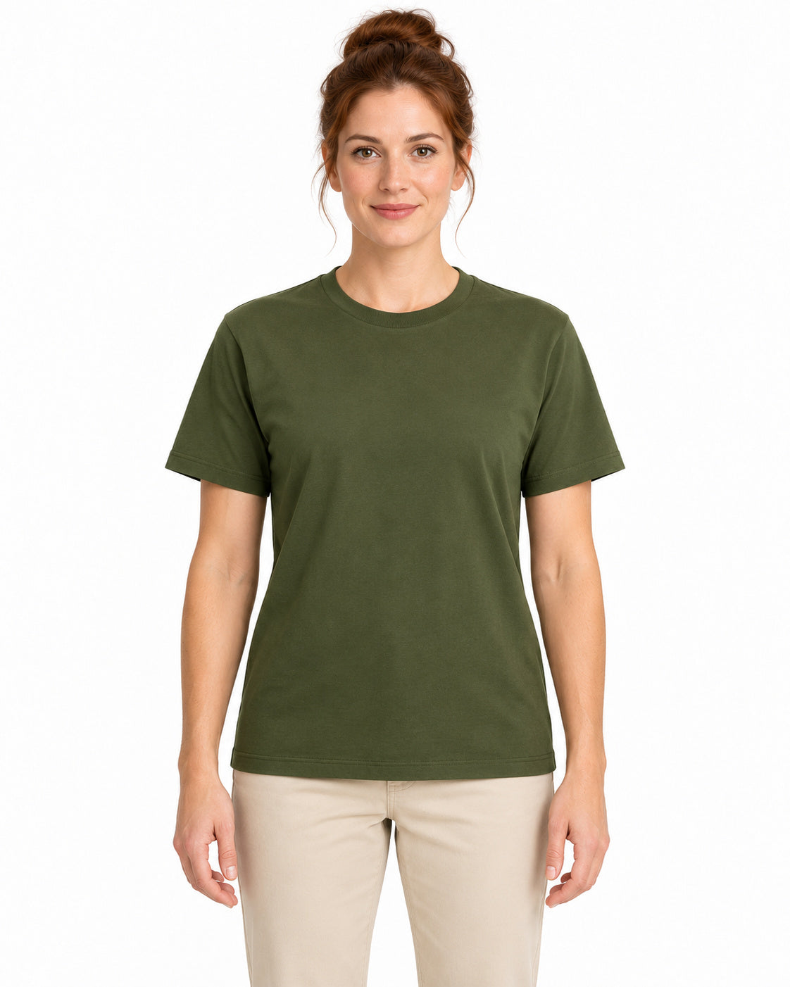 Olive unisex round-neck T-shirt — women model, front view
