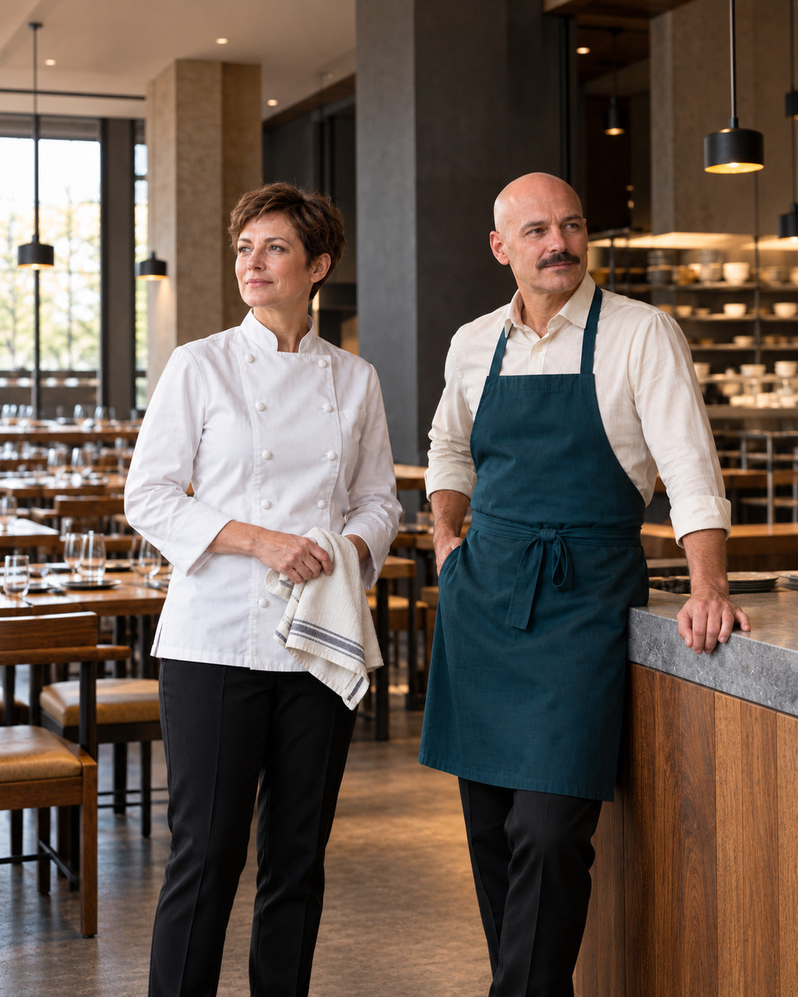 Hospitality professionals wearing a chef coat and an apron.