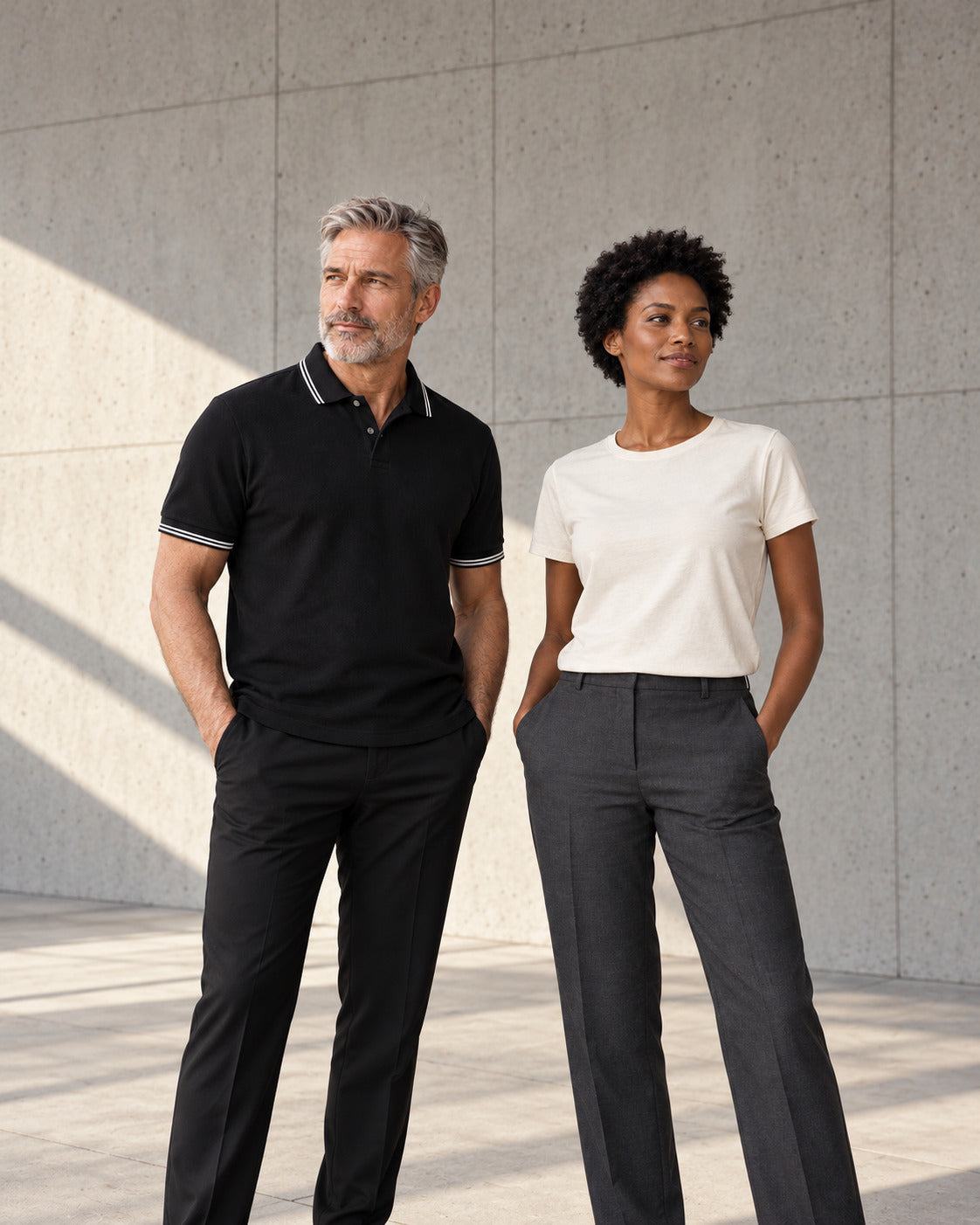 Models wearing a polo shirt and a round-neck T-shirt.