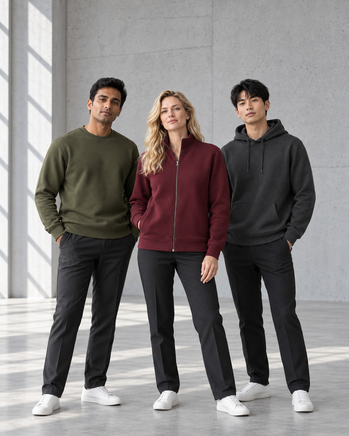 Models wearing a sweatshirt, zip-up layer and hoodie.