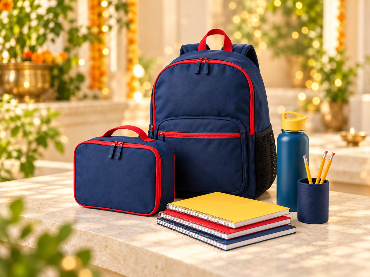 AI-generated illustration: illustrative school essentials: backpack, lunch bag, bottle, notebooks and pencils.