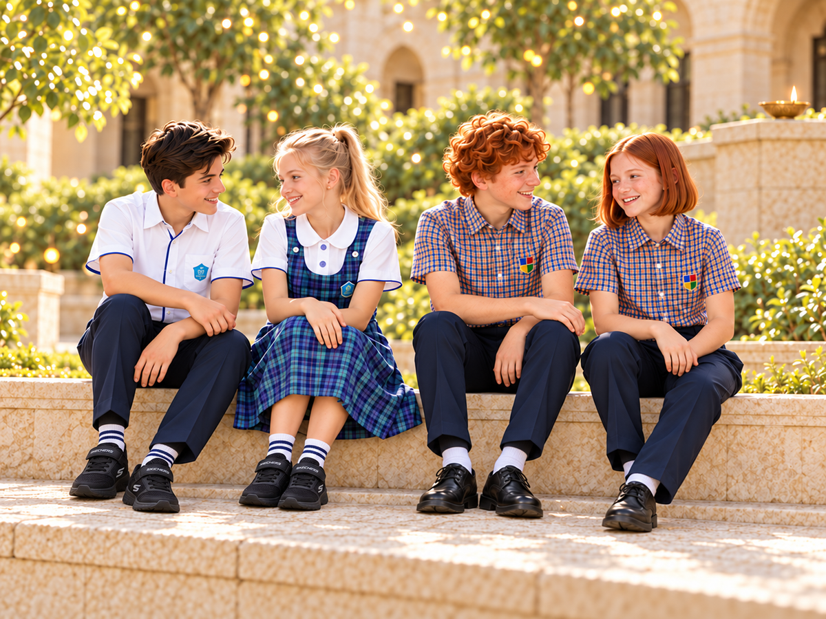 AI-generated illustration of four children in CNS and Lexicon uniforms. CNS children wear striped socks and black school shoes; Lexicon children wear plain white socks.