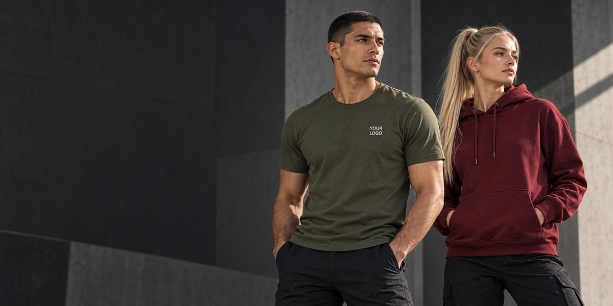 Models showing customisable round-neck T-shirts and hoodies.