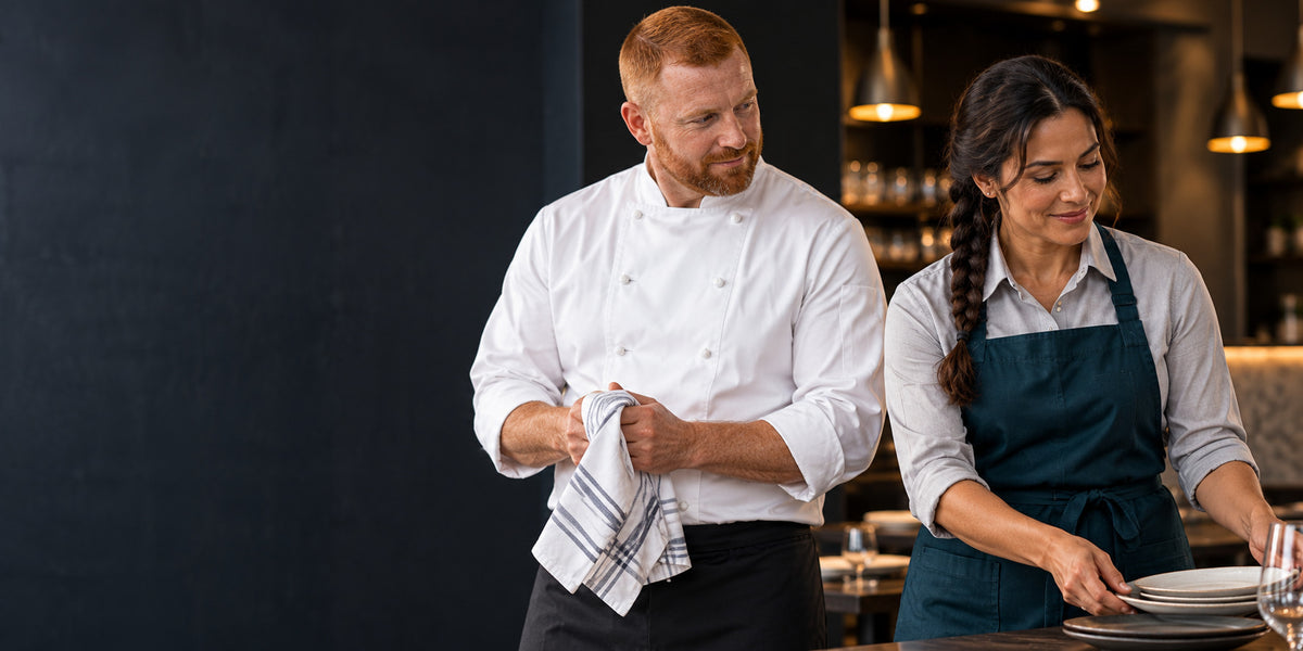 Hospitality professionals wearing a chef coat and an apron.