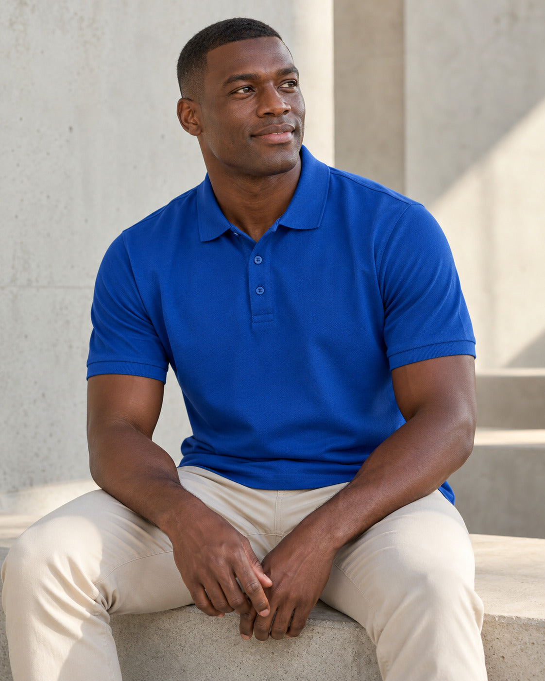Model showing the front of a blue polo shirt.