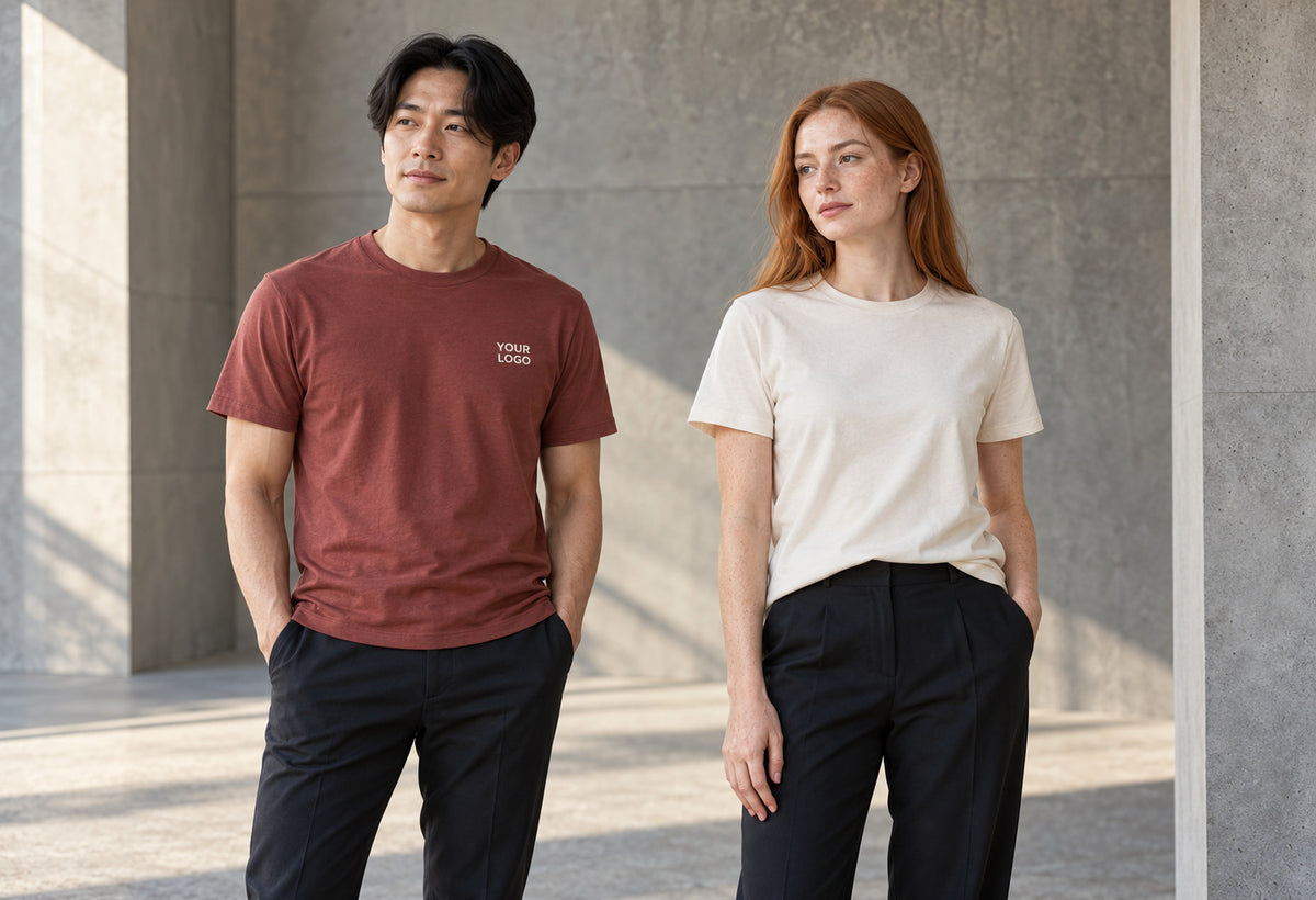 A man and woman wearing round-neck T-shirts.