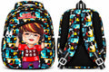Front and back views of black music cartoon school bag, showing adjustable shoulder straps