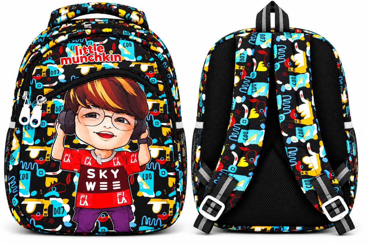 Front and back views of black music cartoon school bag, showing adjustable shoulder straps