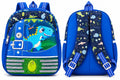 Front and back views of blue dinosaur school bag, showing adjustable shoulder straps