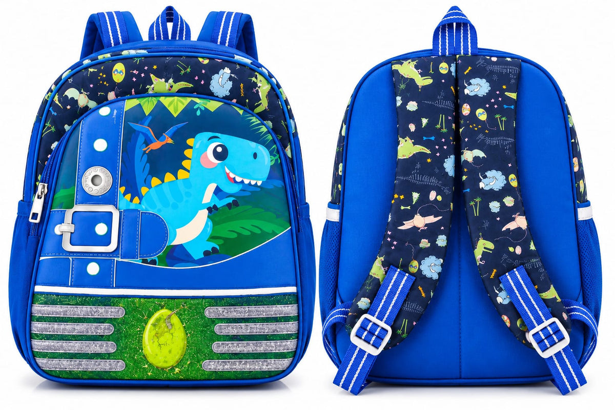 Front and back views of blue dinosaur school bag, showing adjustable shoulder straps