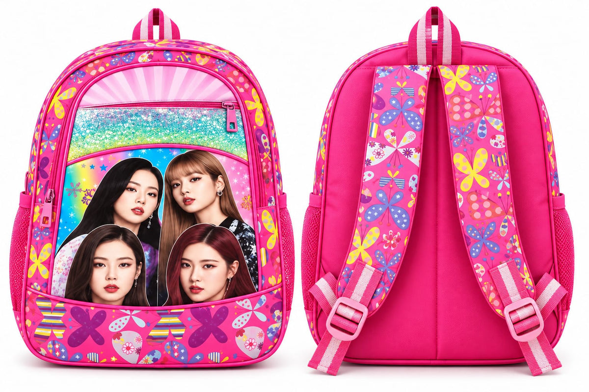 Front and back views of pink butterfly & portrait-print school bag, showing adjustable shoulder straps