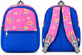 Front and back views of pink & blue cartoon-print school bag, showing adjustable shoulder straps