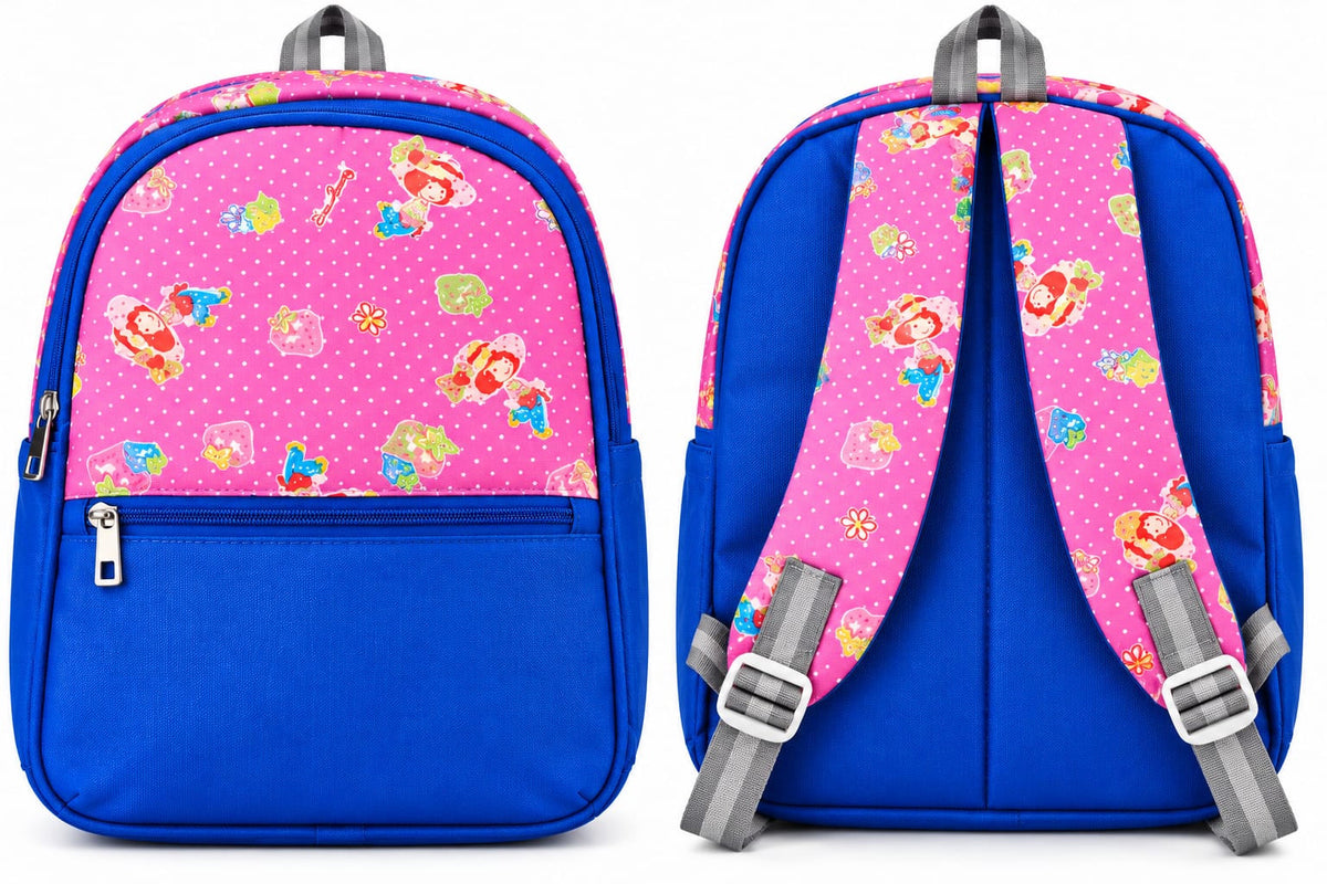 Front and back views of pink & blue cartoon-print school bag, showing adjustable shoulder straps