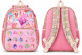Front and back views of pink floral & doll-print school bag, showing adjustable shoulder straps
