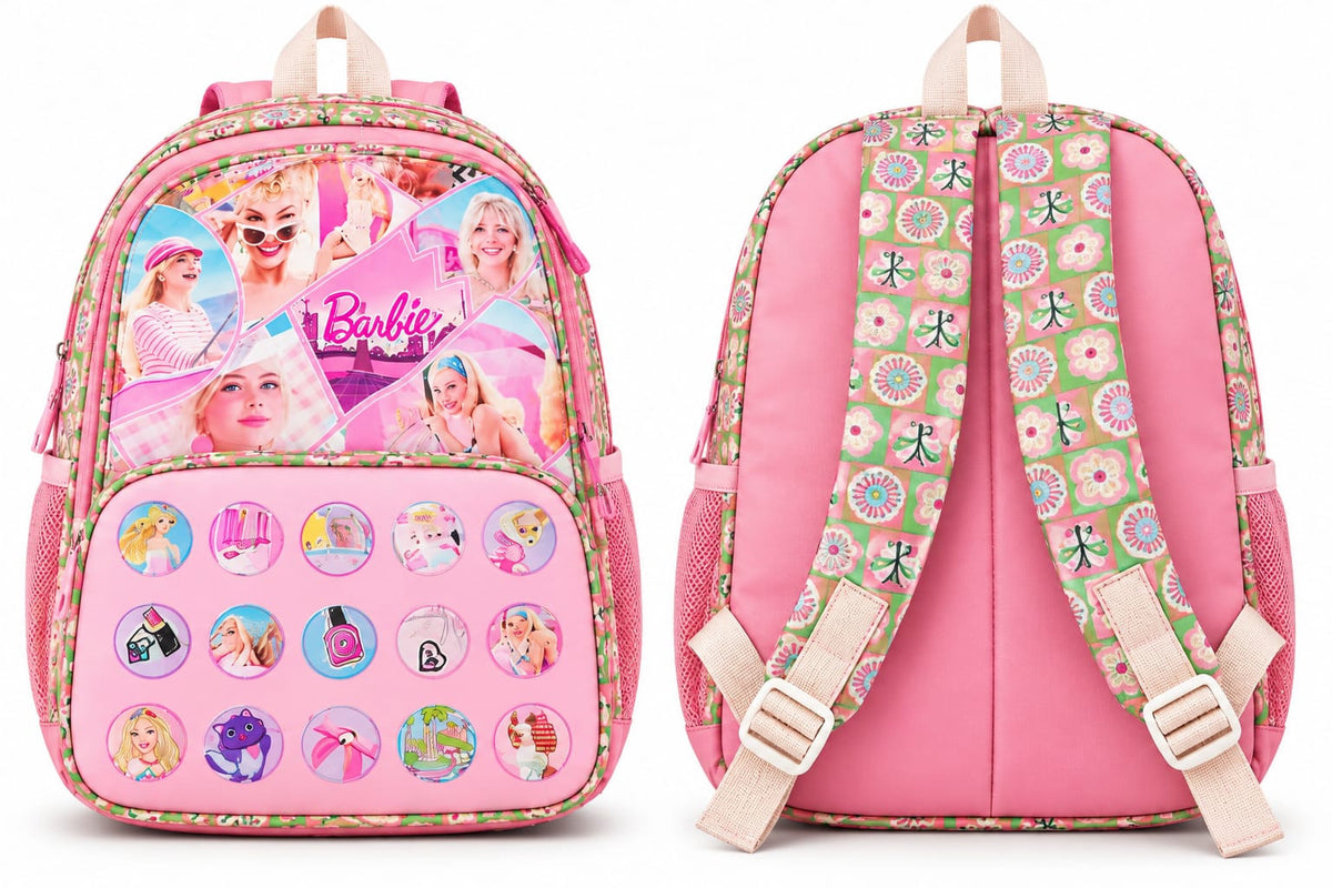 Front and back views of pink floral & doll-print school bag, showing adjustable shoulder straps