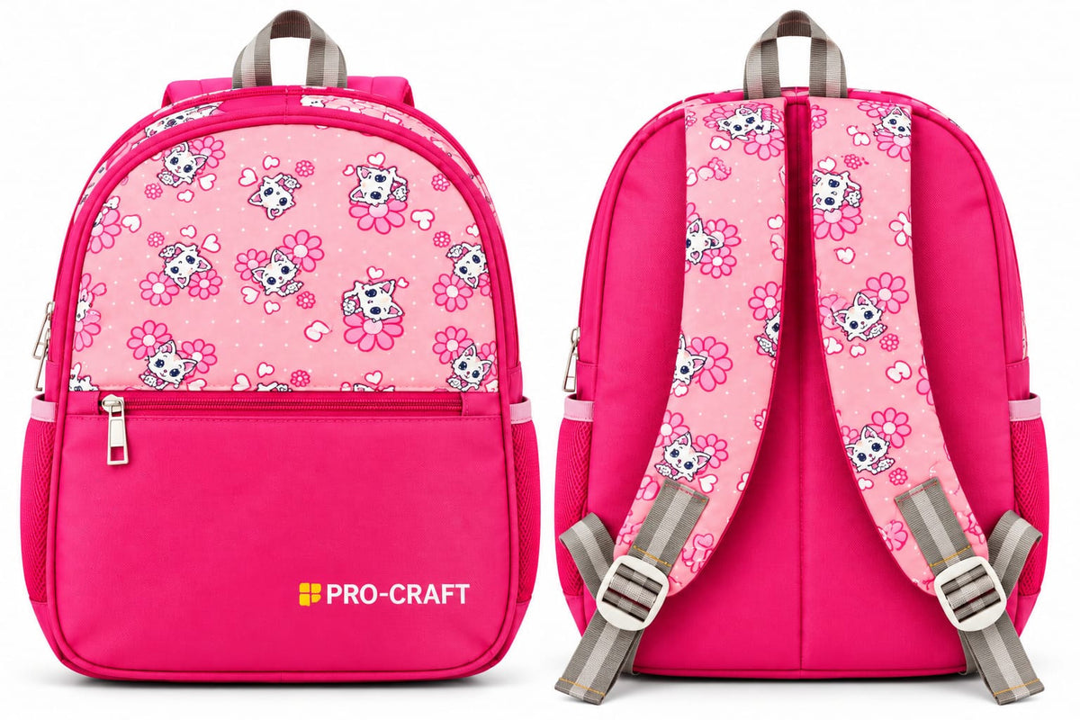 Front and back views of pink kitten & flower school bag, showing adjustable shoulder straps