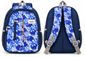 Front and back views of blue floral school bag, showing adjustable shoulder straps