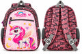 Front and back views of pink unicorn school bag, showing adjustable shoulder straps