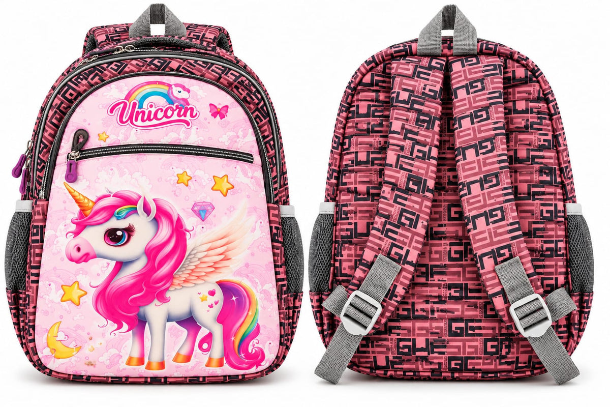 Front and back views of pink unicorn school bag, showing adjustable shoulder straps