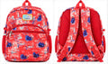 Front and back views of red winter character-print school bag, showing adjustable shoulder straps