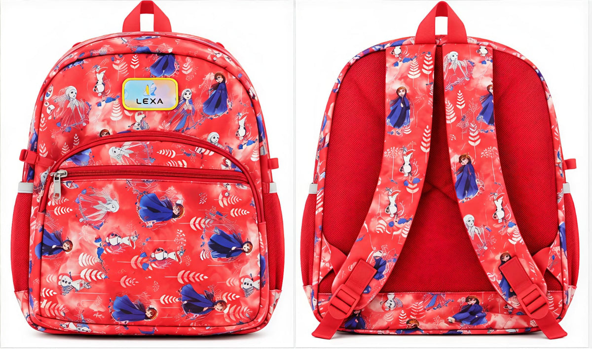 Front and back views of red winter character-print school bag, showing adjustable shoulder straps