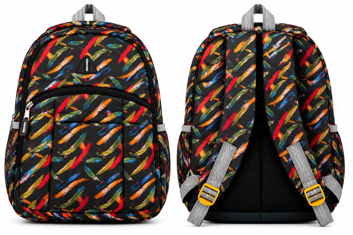 Front and back views of black multicolour feather-print school bag, showing adjustable shoulder straps